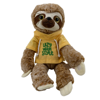 Faultier Plüschtier mit gelbem Hoodie „LAZY WITH STYLE“ – sitzend ca. 30 cm (stehend ca. 50 cm), niedliches Kuscheltier zum Verschenken und Dekorieren.